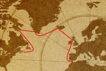 نقشه‌‌‌‏ای که مسیر دریانوردان باستان را نشان می‌‌‌‏دهد و از تنگه جبل الطارق، معروف به ستون‌‌‏های هرکول، شروع می‌‌‌‏شود و به نوا اسکاتیا، کانادا ختم می‌‌‌‏شود. (Kaan Tanman/iStock)